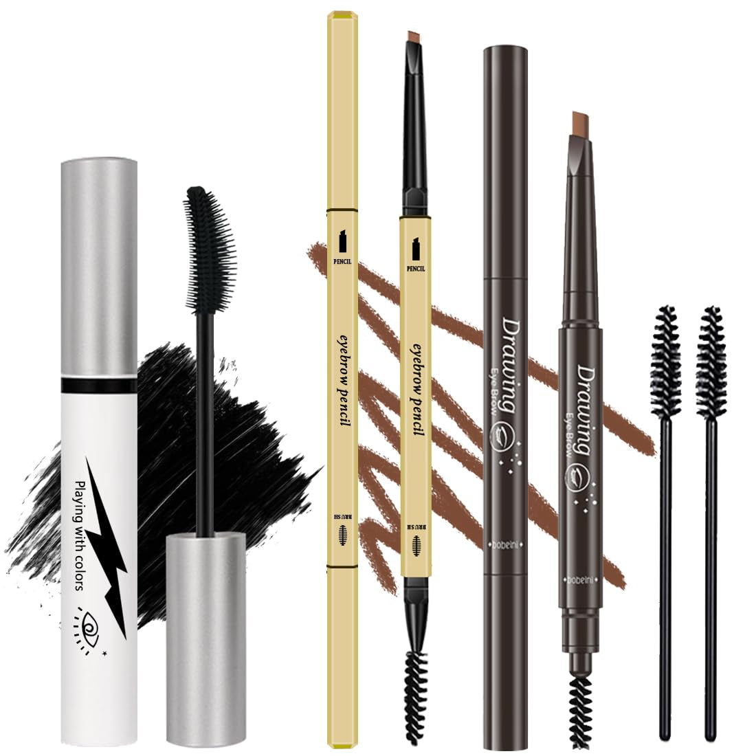 3 Different Silk Fiber Mascara,With Eyebrow Pencil,Eyebrow Brush Natural Waterproof Smudge-Proof,All Day Exquisitely Long, Smudge-Proof Eyelashes (Brown, Black)