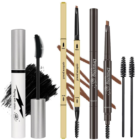 3 Different Silk Fiber Mascara,With Eyebrow Pencil,Eyebrow Brush Natural Waterproof Smudge-Proof,All Day Exquisitely Long, Smudge-Proof Eyelashes (Brown, Black)