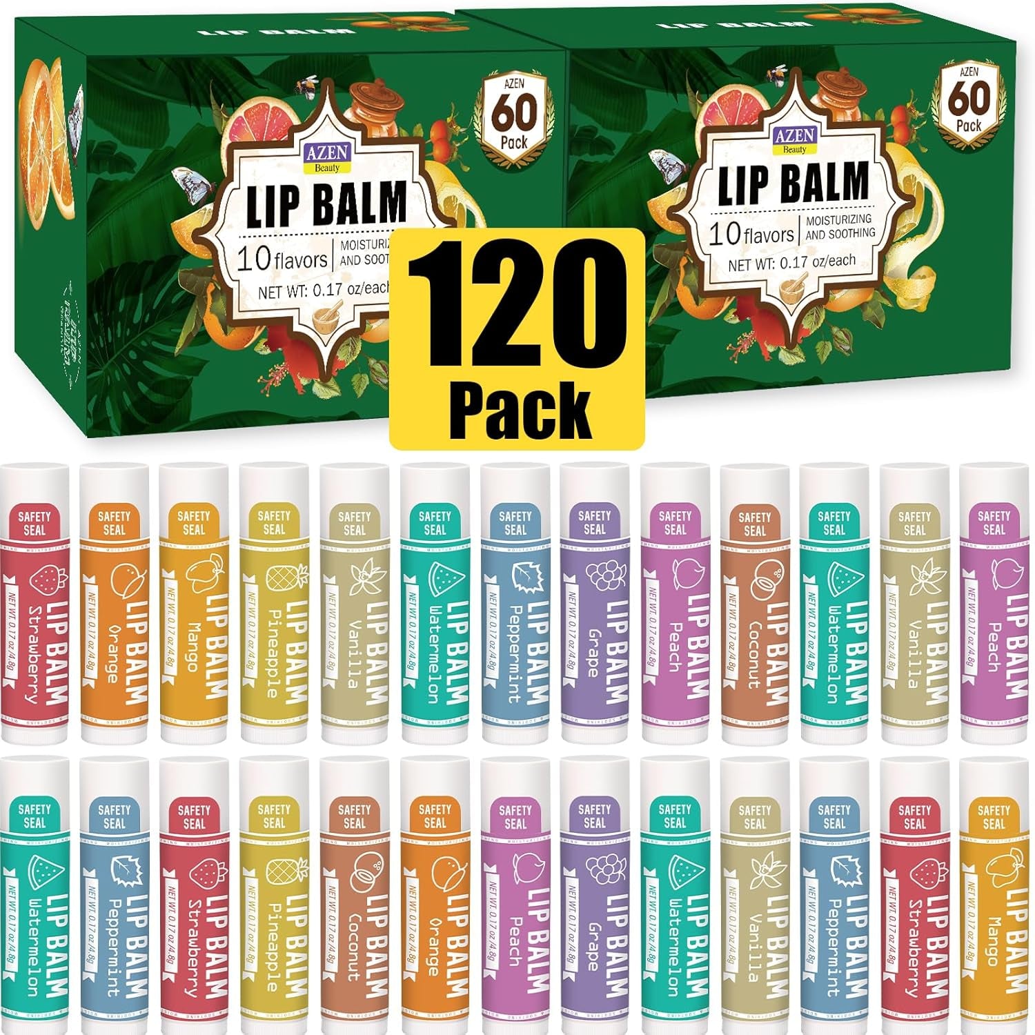 AZEN 30 Pack Lip Balm, Natural Lip Balm Bulk, Lip Care Product, Moisturizing Lip Balm for Dry Cracked Lips - 10 Flavors