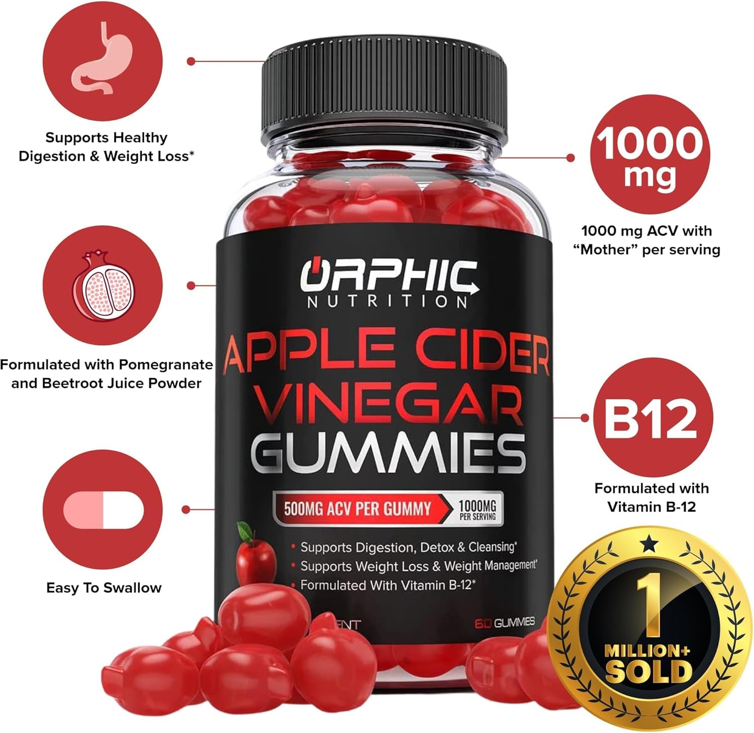 Apple Cider Vinegar Gummies - 1000Mg - Formulated to Support Normal Energy Levels & Gut Health - Supports Digestion, Detox & Cleansing - ACV Gummies W/VIT B12, Beetroot (60 Gummies)