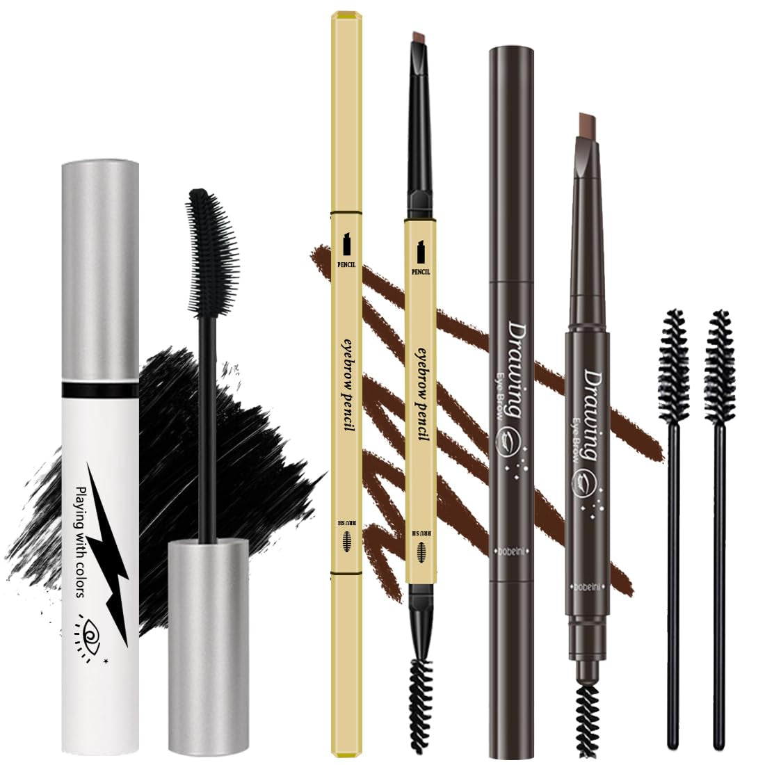 3 Different Silk Fiber Mascara,With Eyebrow Pencil,Eyebrow Brush Natural Waterproof Smudge-Proof,All Day Exquisitely Long, Smudge-Proof Eyelashes (Brown, Black)