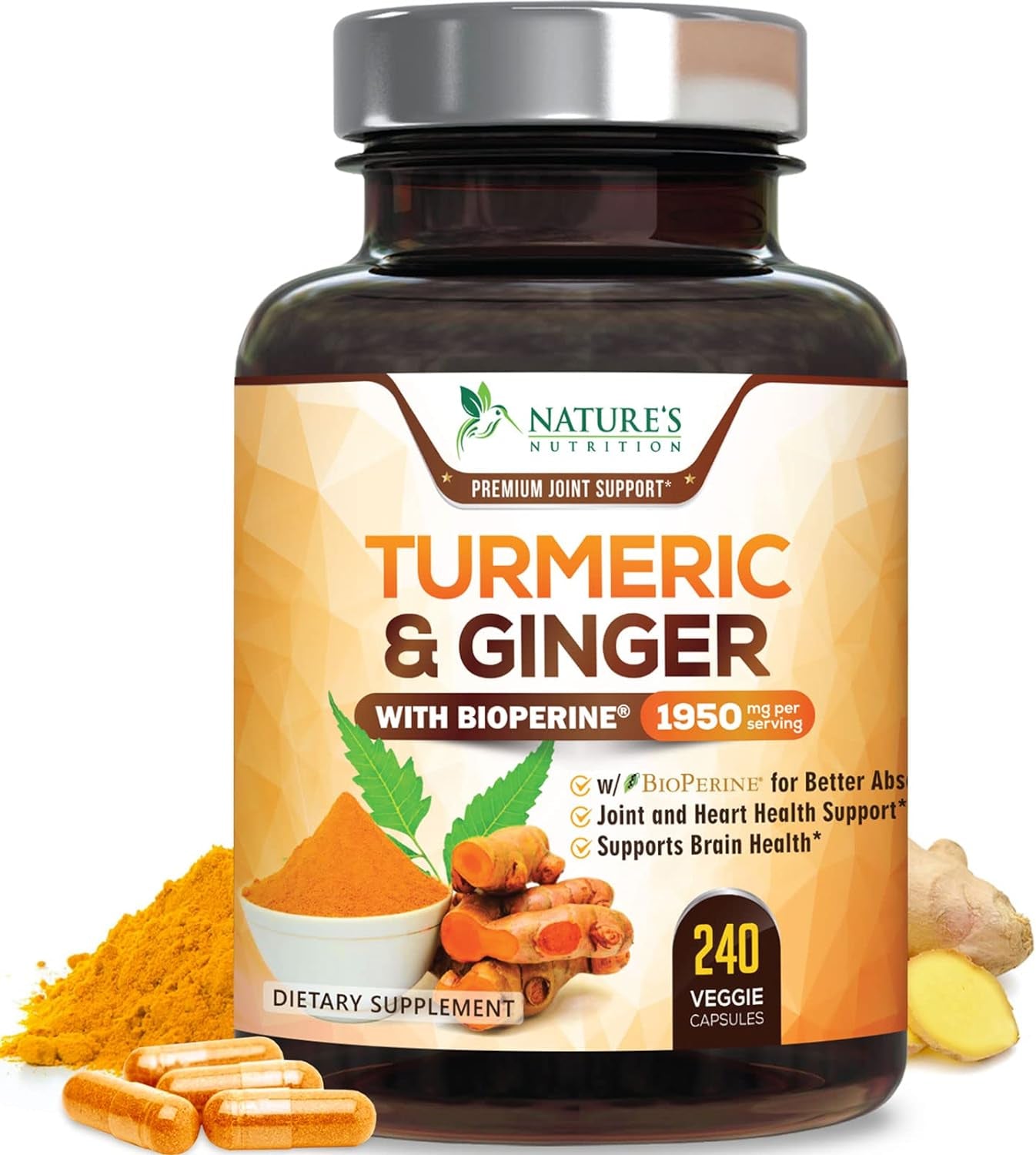 Turmeric Curcumin Supplement 1950Mg with Organic Turmeric & Ginger, 95% Curcuminoids, Bioperine Black Pepper for Best Absorption, Nature'S Vegan Joint Support, Non-Gmo, Bottled in USA - 240 Capsules