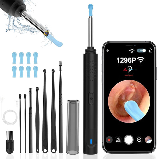 Ear Wax Removal, Ear Cleaner with Camera with 1296P, Earwax Removal Kit with 9 Ear Pick and 8 Traditional Tools, Built-In Wifi IP67 Waterproof, Ear Cleaning Kit for Iphone,Ipad,Android (Black)