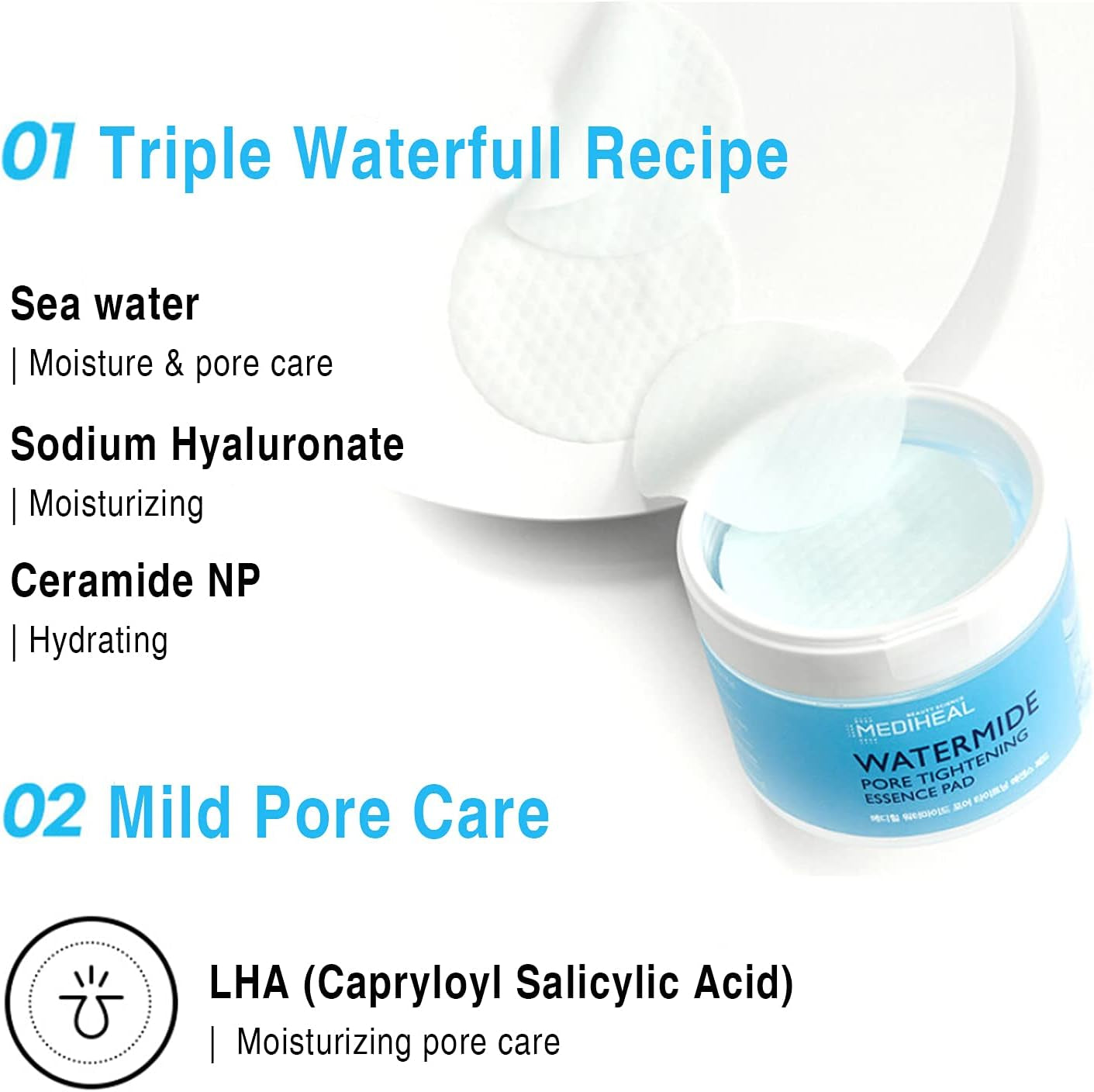 Mediheal Watermide Pore Tightening Essence Toner Pad - Pore Minimizing, Hydrating, and Exfoliating Pads, Cotton Pads Enriched with Sea Water and Ceramide for Nourishment and Hydration, 50 Sheets