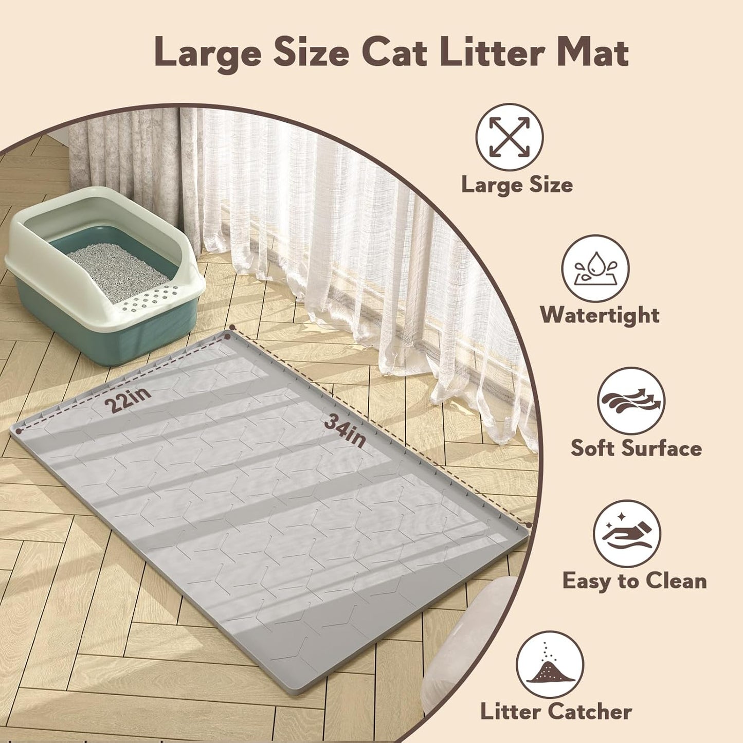 Silicone Cat Mat for Litter Box: Large 34" X 22" Cat Litter Mat Litter Trapping Mat, Waterproof Kitty Litter Mats for Floor, Gray