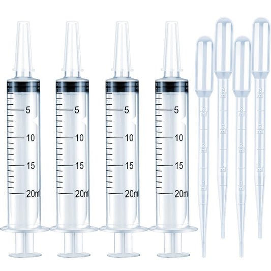 4 Pack 20Ml Syringes for Lip Gloss Making Supplies Liquid TKP Lipgloss Base Flavoring Oil Oral Medicine Injection Feeding- with Tip Cap and Pipettes