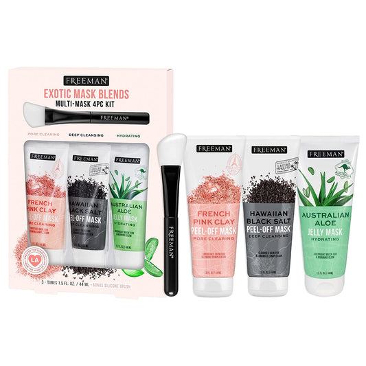 Freeman Exotic Blends Facial Mask 4 Piece Set, Mini Size, Travel Friendly Face Masks, Clearing & Hydrating, for All Skin Types, Mask Brush, Stocking Stuffer, Vegan & Cruelty-Free, 1.5 Fl. Oz Each