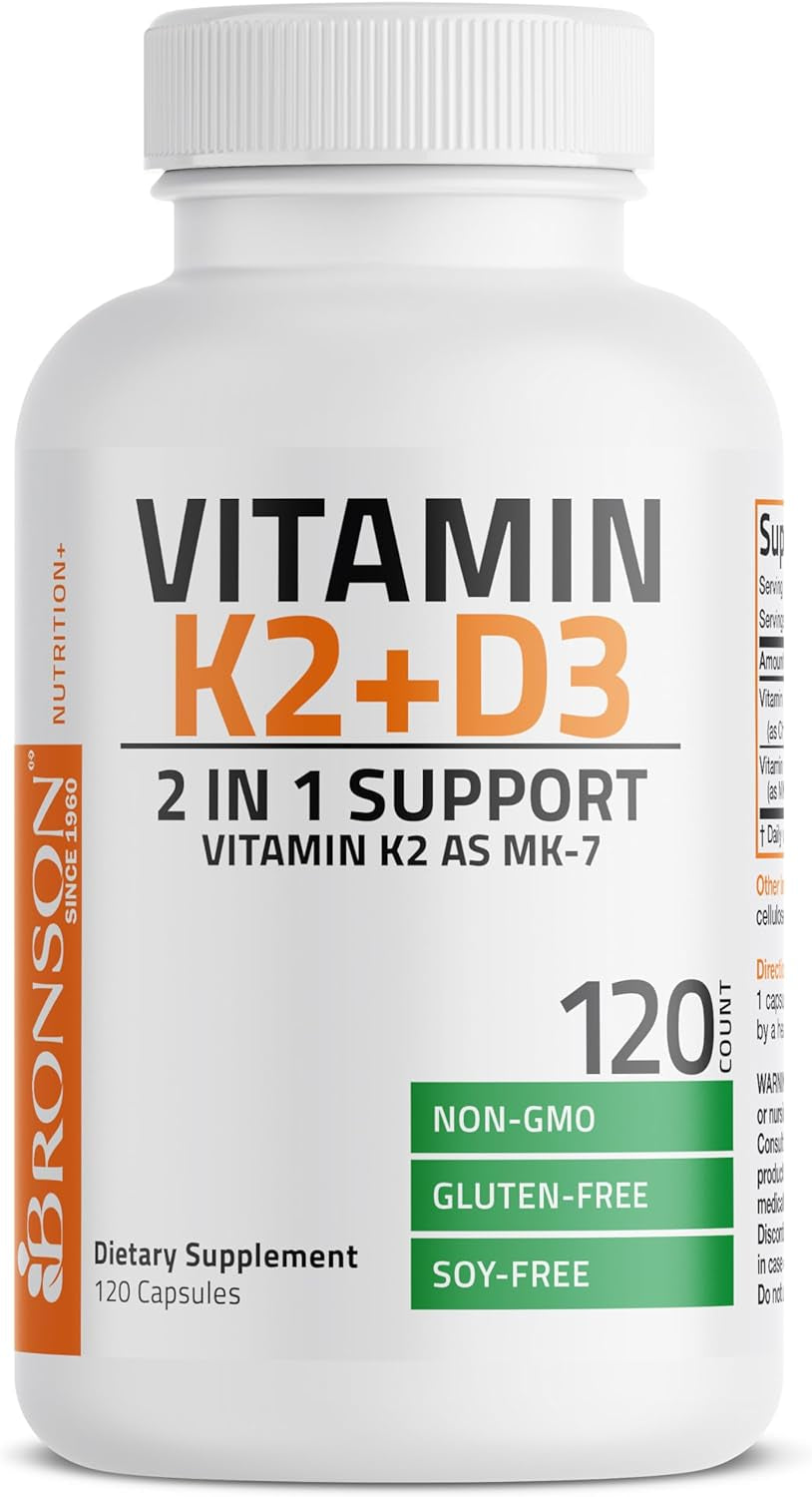 Bronson Vitamin K2 (MK7) with D3 Supplement Non-Gmo Formula 5000 IU Vitamin D3 & 90 Mcg Vitamin K2 MK-7 Easy to Swallow Vitamin D & K Complex, 120 Capsules.