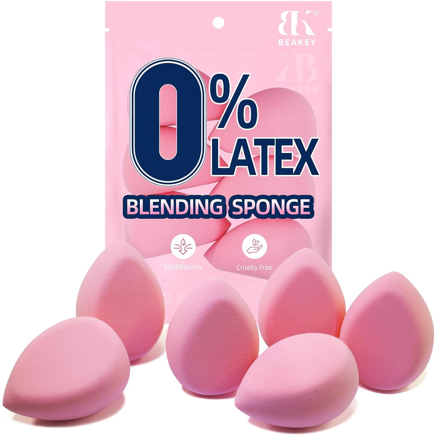 BEAKEY Super Soft Makeup Sponge Set of 6, Makeup Sponges for Foundation, Liquid, Cream and Powder, Pink Beauty Sponge for Blending, 0 Latex Blender, Christmas Stocking Stuffers for Adults