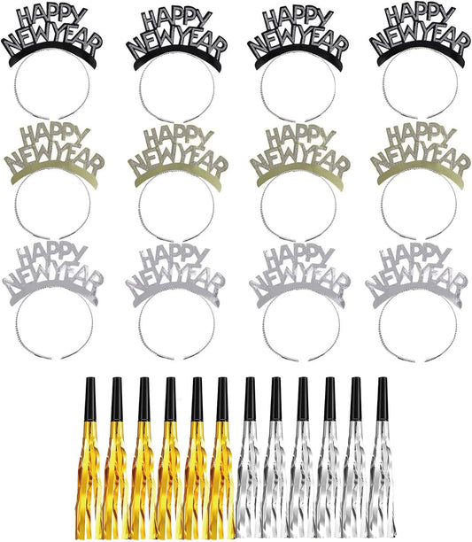 Celebrate in Style: 24-Piece New Year's Eve Party Kit 2025 with Headbands, Tiaras, and Metallic Noise Makers for All Ages!