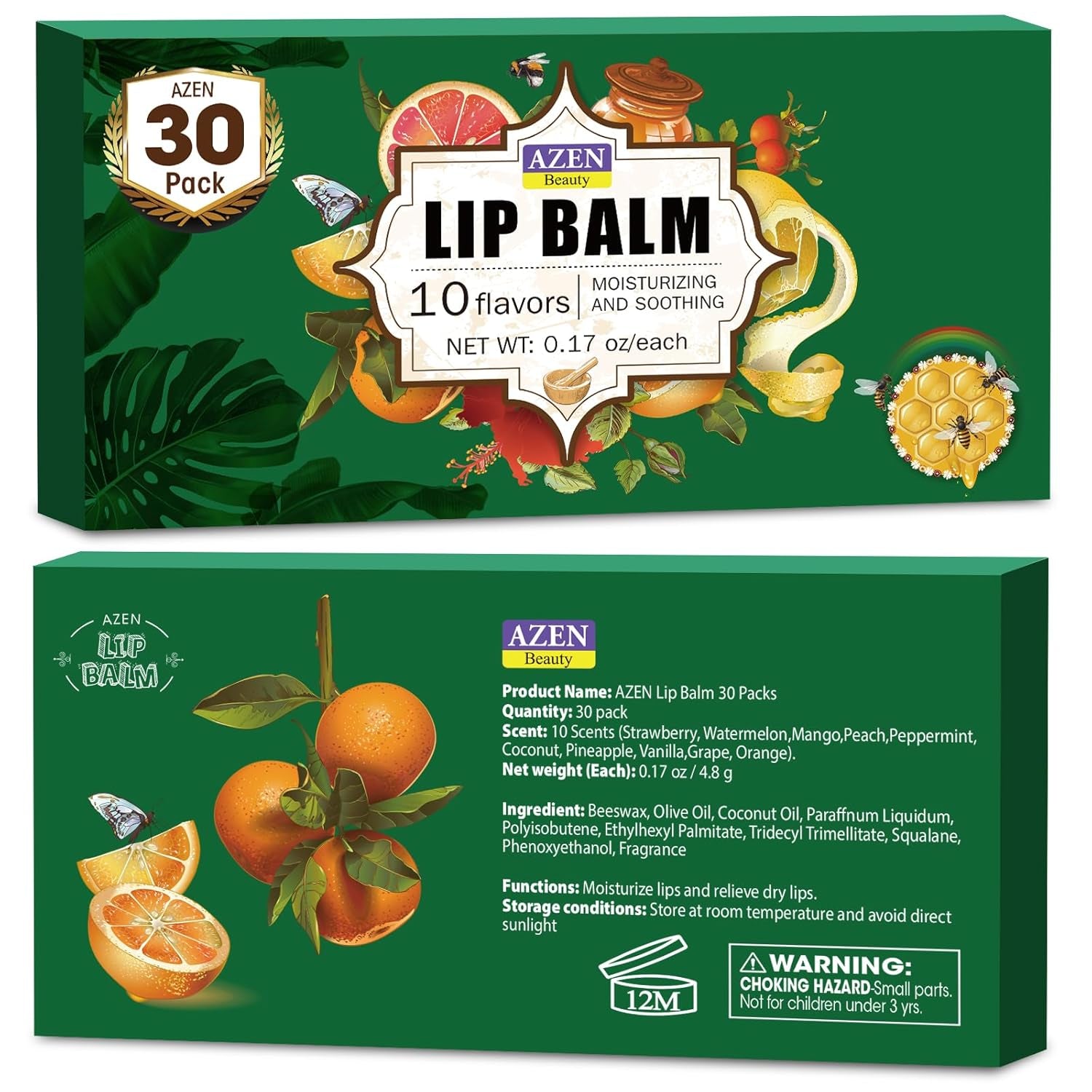 AZEN 30 Pack Lip Balm, Natural Lip Balm Bulk, Lip Care Product, Moisturizing Lip Balm for Dry Cracked Lips - 10 Flavors