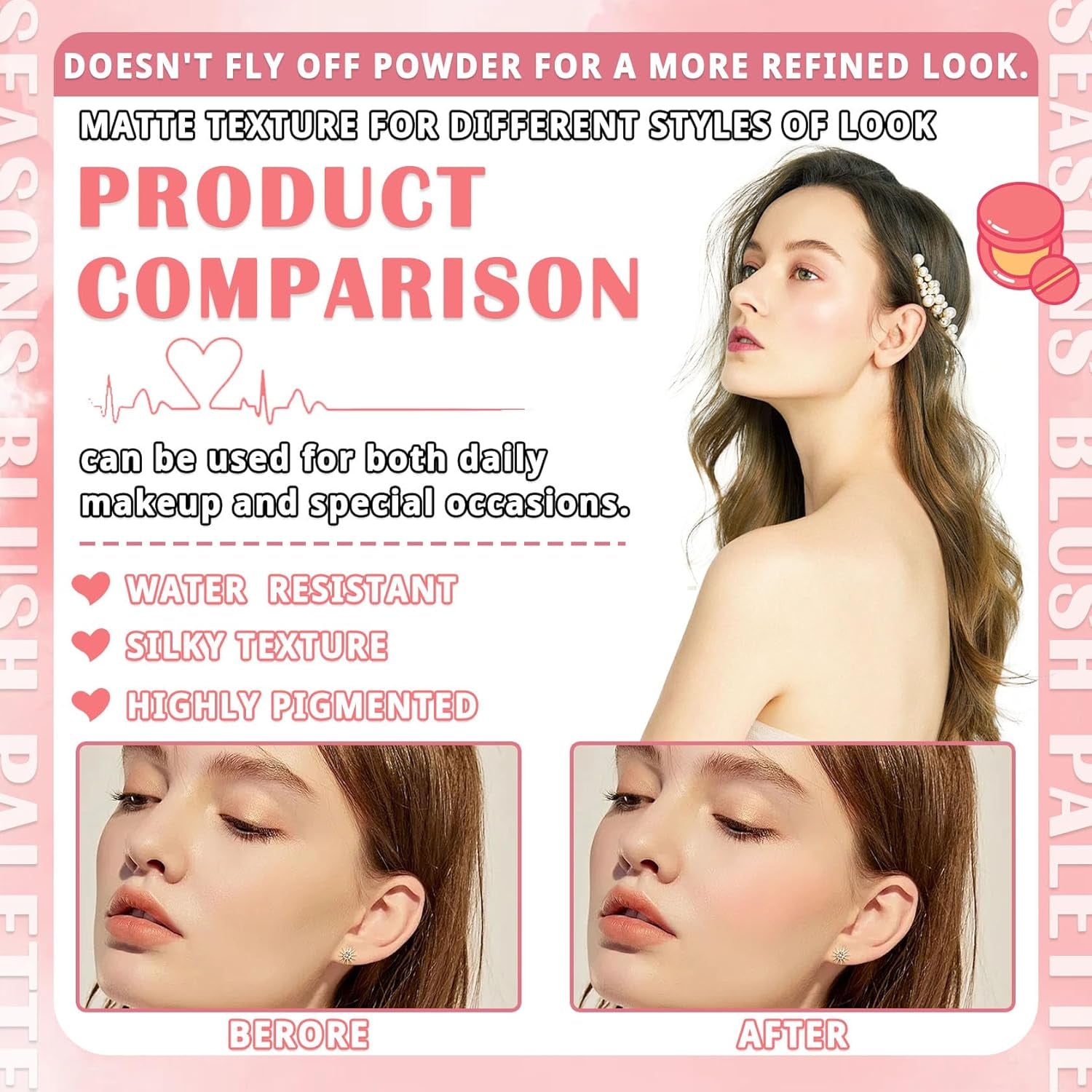 4 Colors Blush Palette for Cheeks,Face Matte Contour Blush Makeup Palette,Buildable Shimmer Facial Cheek Blusher Shades,Blendable Cosmetic Makeup Blush with Blush Brush 01