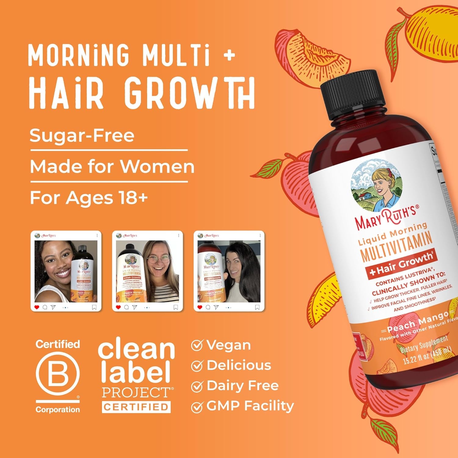 Maryruth Organics Liquid Multivitamin Lustriva® Hair Growth for Women| Biotin 10000Mcg | Vitamin D, B |Clinically Tested for Thicker Hair, Wrinkles, Fine Lines, Skin Care| Ages 18 | 15.22 Fl Oz