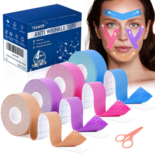 Anti-Wrinkle Tape | Facial Myofascial Lift Tape for Skin Firming, Toning & Tightening | Lift Tape for Face, Neck & Forehead | Smooths Wrinkles, Lifts Skin Anti-Aging Face Patches (4 Colors Assorted)