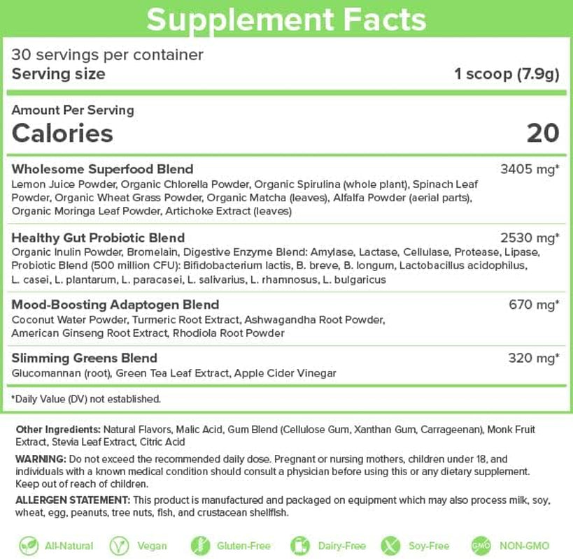 Skinnyfit Skinny Greens, Green Juice Superfood Powder, Green Apple Flavor, Natural Energy & Focus, Spirulina, Chlorella, 30 Servings