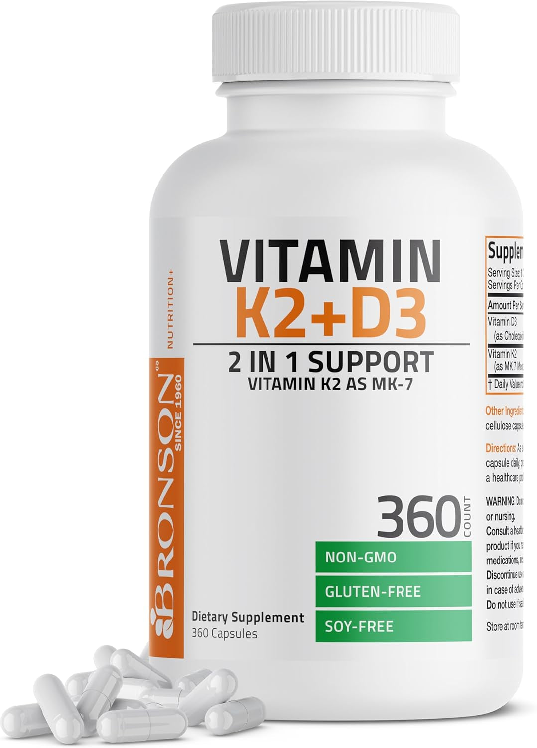 Bronson Vitamin K2 (MK7) with D3 Supplement Non-Gmo Formula 5000 IU Vitamin D3 & 90 Mcg Vitamin K2 MK-7 Easy to Swallow Vitamin D & K Complex, 120 Capsules.