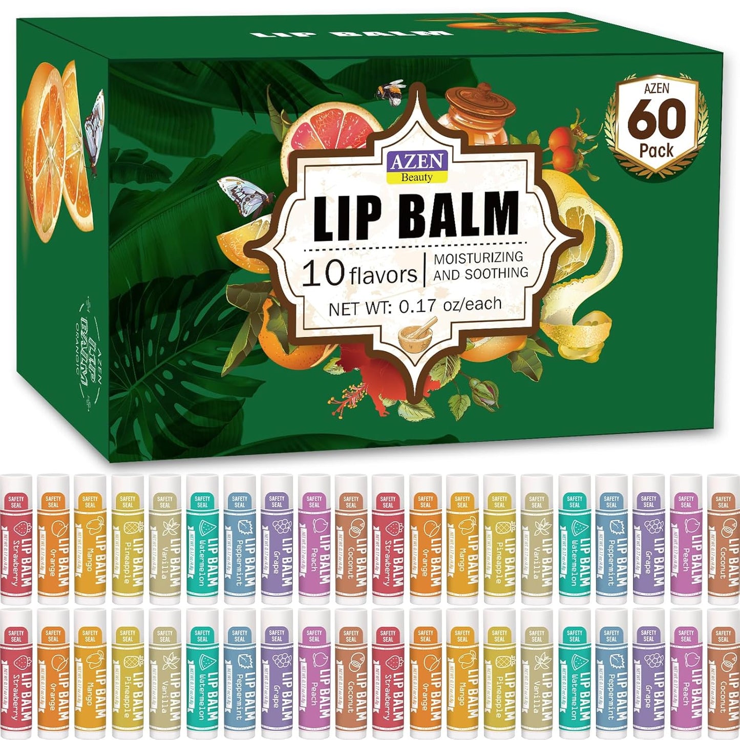 AZEN 30 Pack Lip Balm, Natural Lip Balm Bulk, Lip Care Product, Moisturizing Lip Balm for Dry Cracked Lips - 10 Flavors