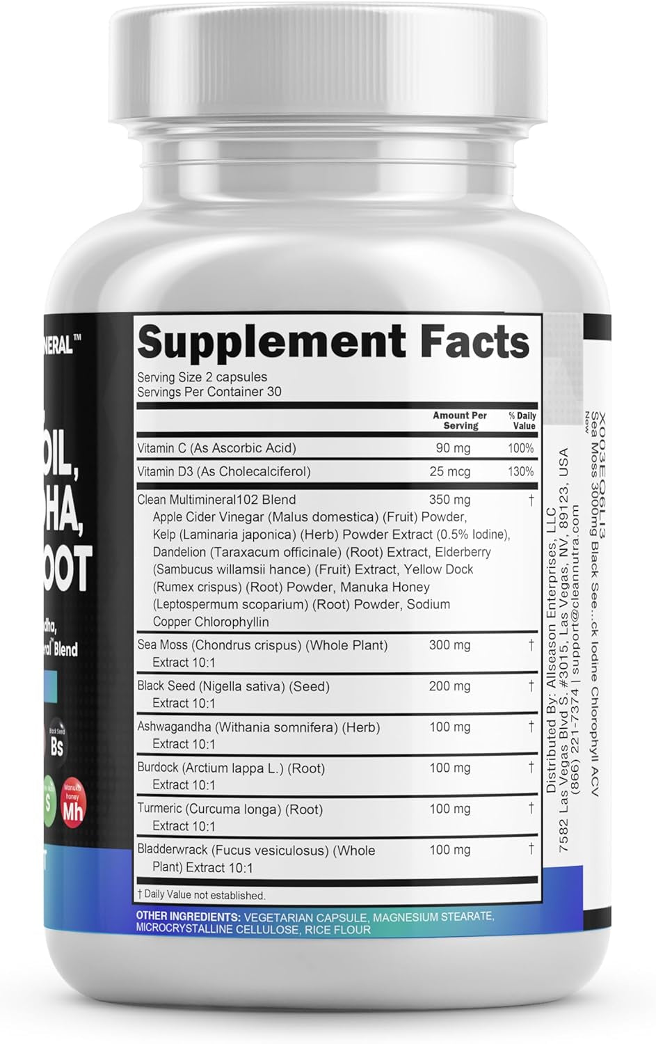 Sea Moss 3000Mg Black Seed Oil 2000Mg Ashwagandha 1000Mg Turmeric 1000Mg Bladderwrack 1000Mg Burdock 1000Mg & Vitamin C & D3 with Elderberry Manuka Dandelion Yellow Dock Iodine Chlorophyll ACV