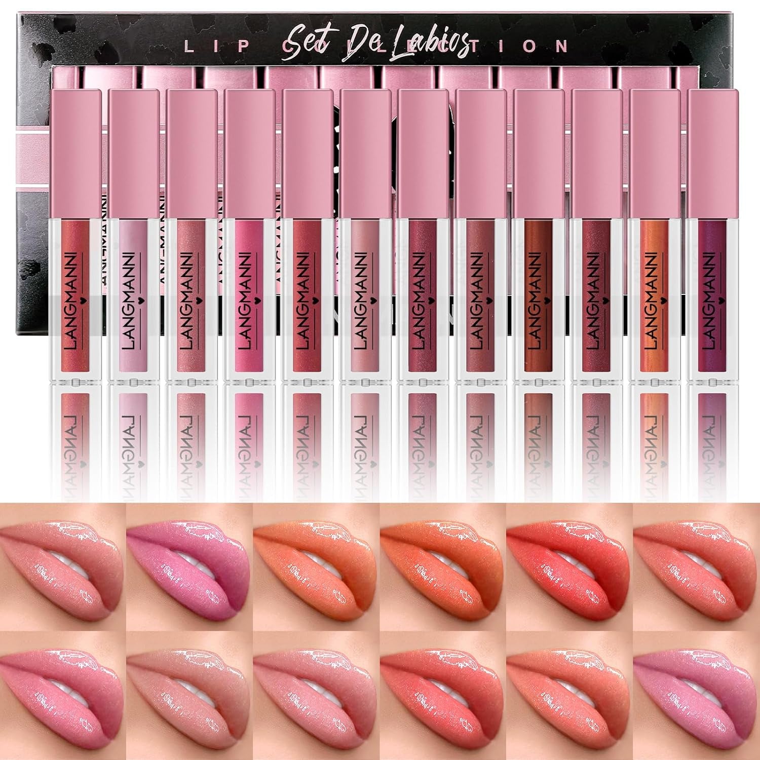 LANGMANNI 12Pcs Lip Gloss Collection Makeup Set, Shiny Smooth Soft Liquid Lip Glosses Lip Stain with Rich Varied Colors for Girls and Women Makeup (Glossy-A)