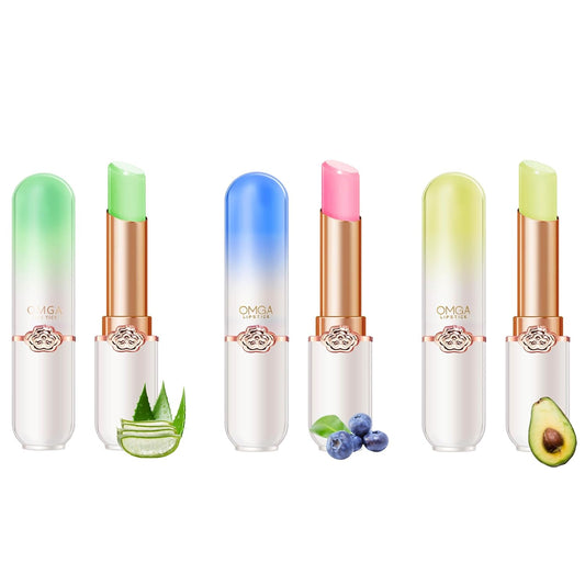 3Pcs Color Changing Lipstick Balm Aloe Vera Avocado Blueberry Three Flavor Combinations for Girls Women Gift Set, Tint Lip Plumpers Makeup Moisturize Lipstick Set