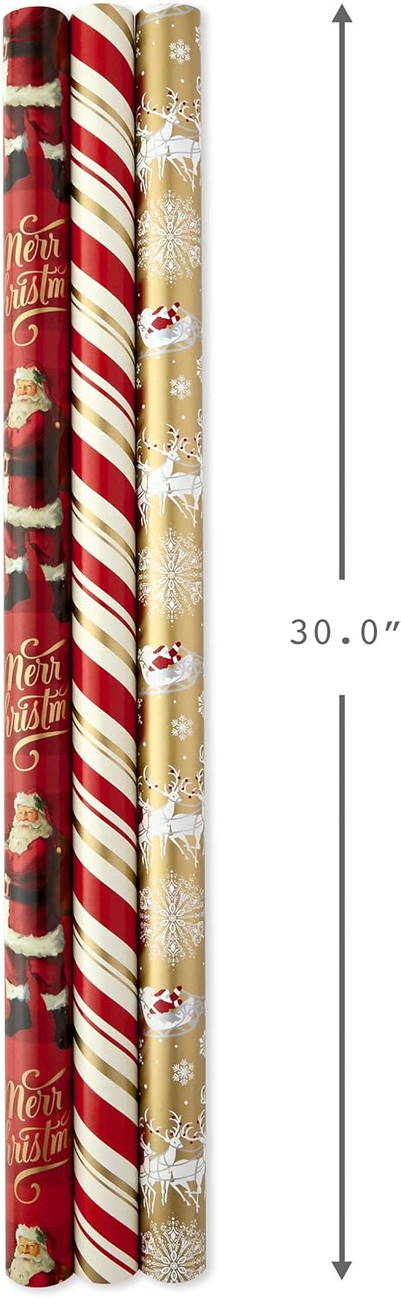 Hallmark Christmas Wrapping Paper Rolls - Traditional Holiday Gift Wrap Paper (Set of 3 Reversible Rolls: 120 Sq. Ft. Ttl.) Red and Gold Snowflakes, Stripes, Plaid, Santa'S Sleigh