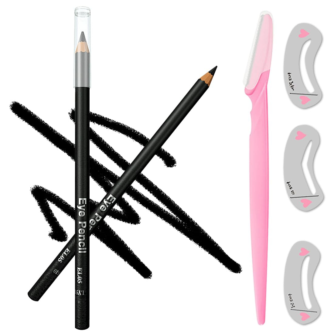 Wooden Eyeliner Pencil, Waterproof Long Lasting Makeup Eye Liner, Easy Application, [5-In-1]Eyeliner *1; Eyebrow Razor *1; Eyebrow Stencil *3, Black #-0304085