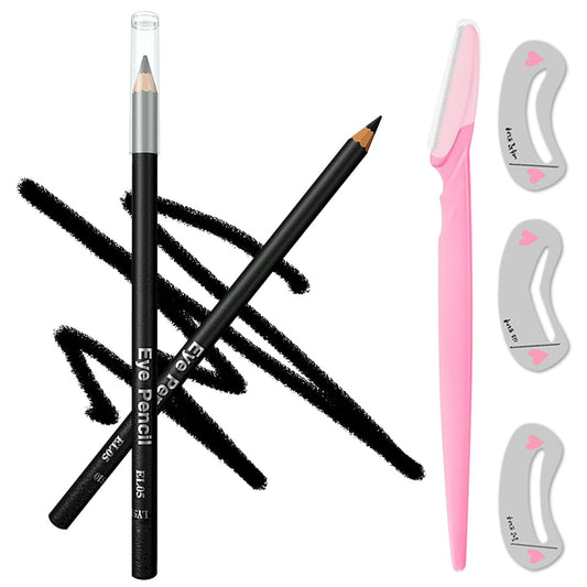Wooden Eyeliner Pencil, Waterproof Long Lasting Makeup Eye Liner, Easy Application, [5-In-1]Eyeliner *1; Eyebrow Razor *1; Eyebrow Stencil *3, Black #-0304085