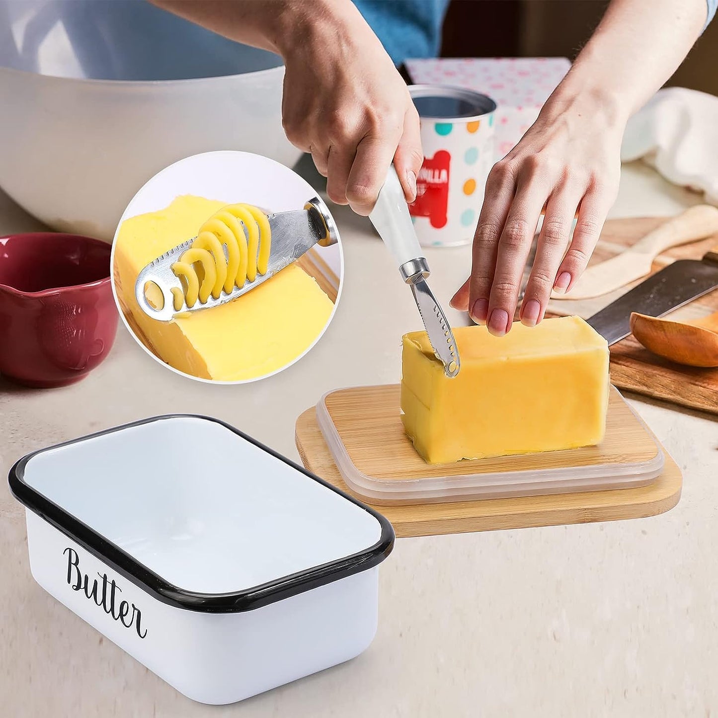 Butter Dish with Lid and Butter Curler Knife for Countertop - Unbreakable Metal Keeper Container with High-Quality Double Silicone Sealing, for Kitchen Farmhouse Decor