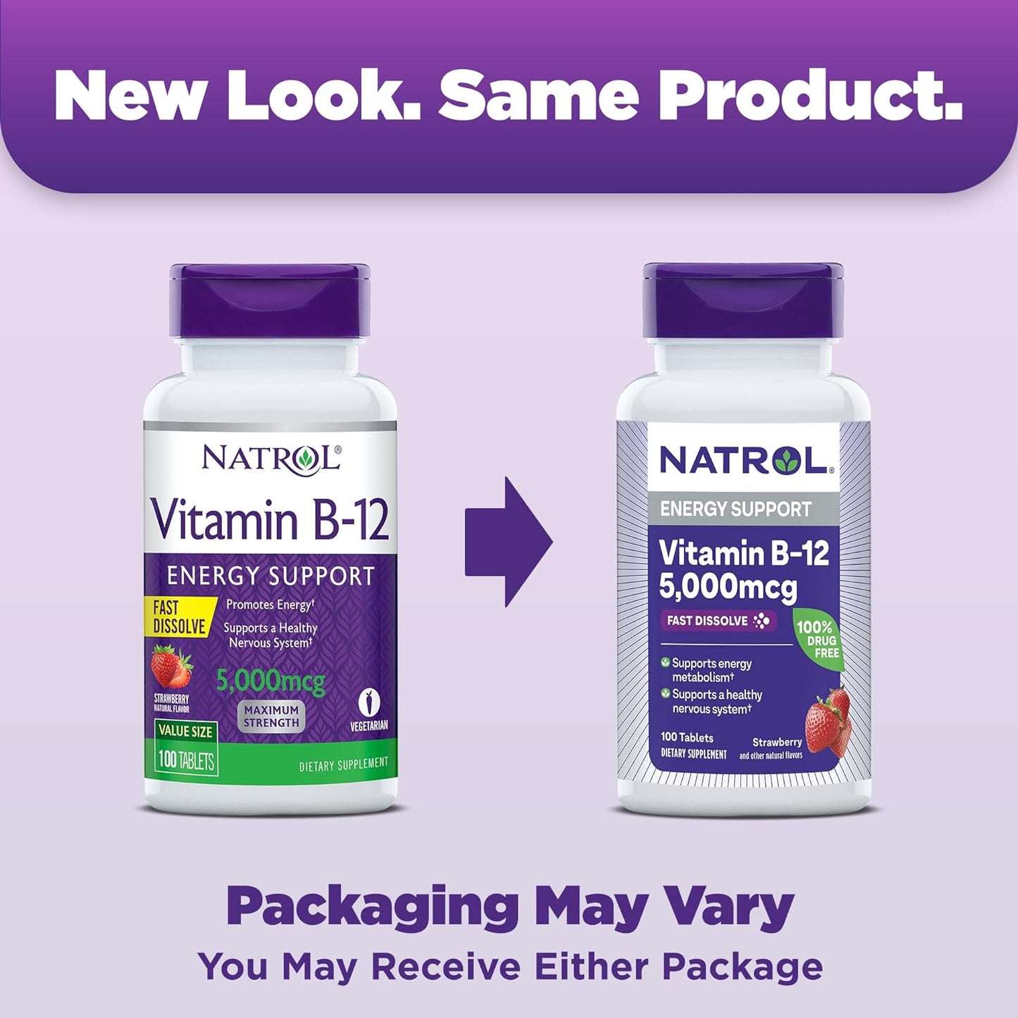 Natrol Vitamin B12 Fast Dissolve Tablets, Promotes Energy, Supports a Healthy Nervous System, Maximum Strength, Strawberry Flavor, 5,000Mcg, 100 Count