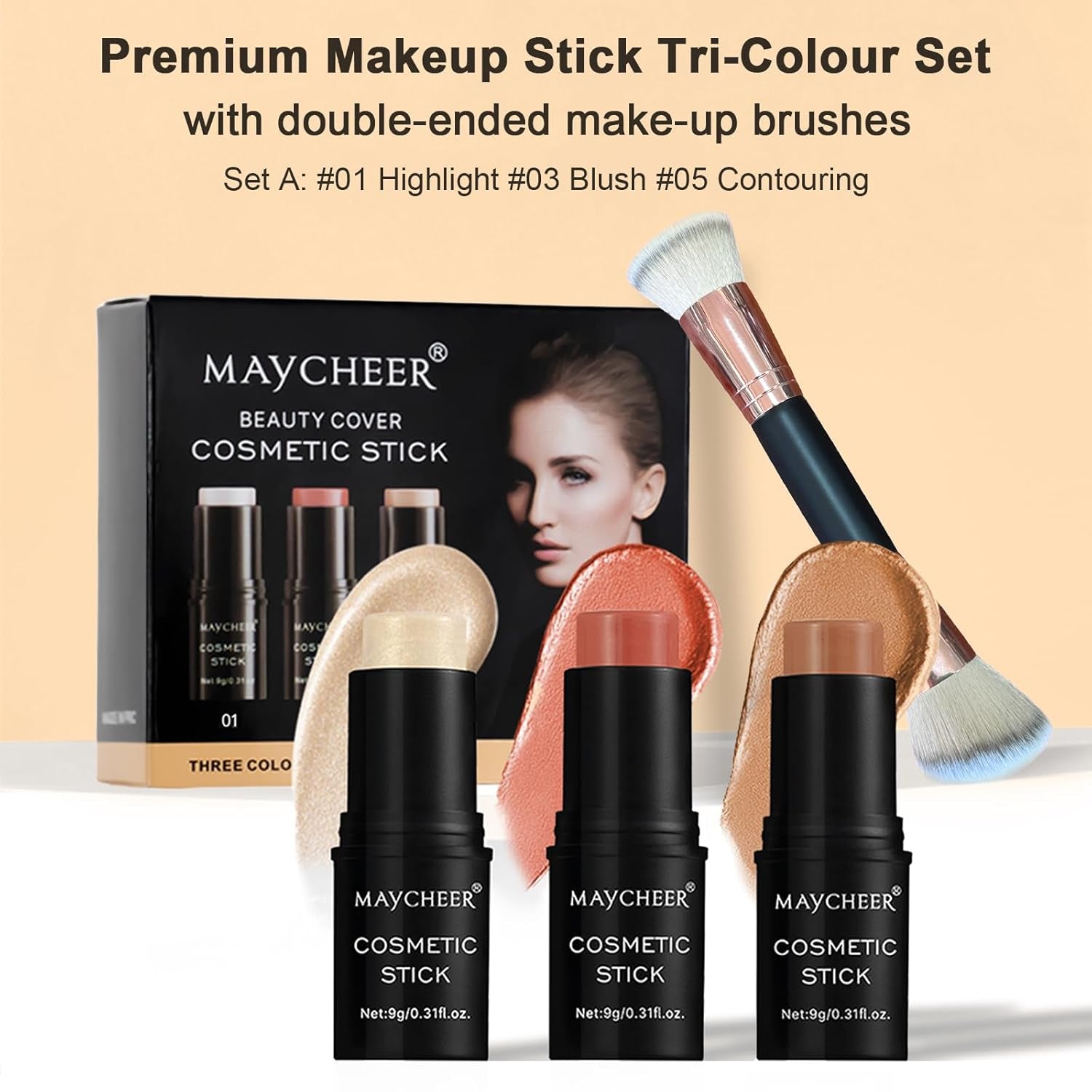 Contour Stick Makeup Set, 2024 New Face Stick Cream Blush, Bronzer Stick, Highlighter Stick for Face with Makeup Brush, Long Lasting & Natural Matte Contour Sticks for Beginner, 3 Colors (#01, 03, 05)