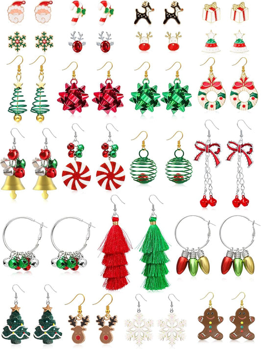 23 Pairs Christmas Earrings for Women Xmas Holiday Dangle Earrings Christmas Stud Tree Snowflake Bow Bells Light Earrings Bulk Cute Christmas Party Jewelry Gifts