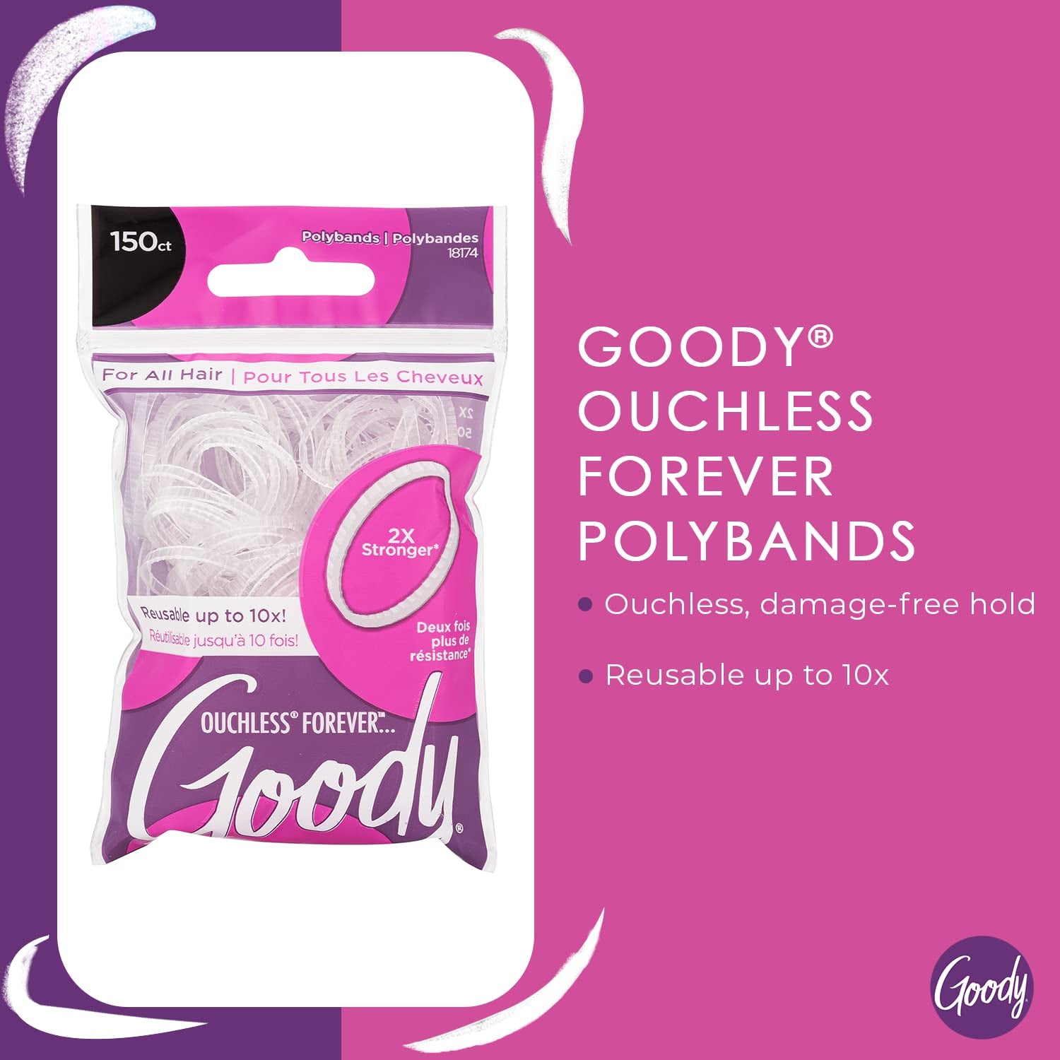 Goody Ouchless Womens Polyband Elastic Hair Tie - 150 Count, Clear - Fine Hair - Hair Accessories to Style with Ease and Keep Your Hair Secured - Perfect for Fun and Unique Hairstyles - Pain-Free