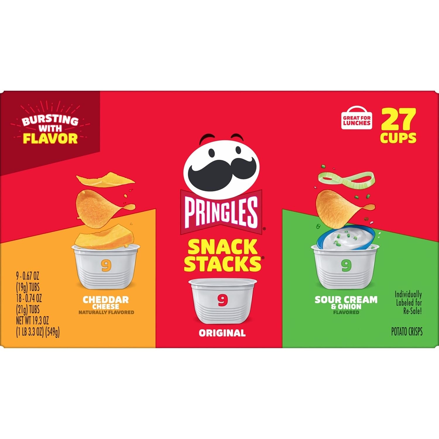 Pringles Potato Crisps Chips, Lunch Snacks, On-The-Go Snacks, Snack Stacks, Variety Pack, 19.3Oz Box (27 Cups)​​