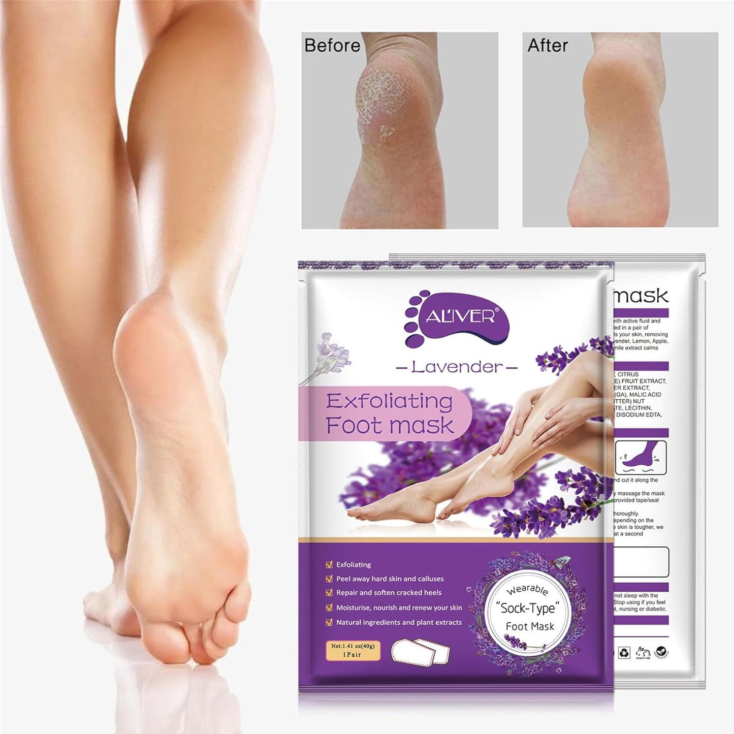 ALIVER Foot Peel Mask 3 Pack, Exfoliator Peel off Calluses Dead Skin Callus Remover, Baby Soft Smooth Touch Feet-Men Women (Lavender)