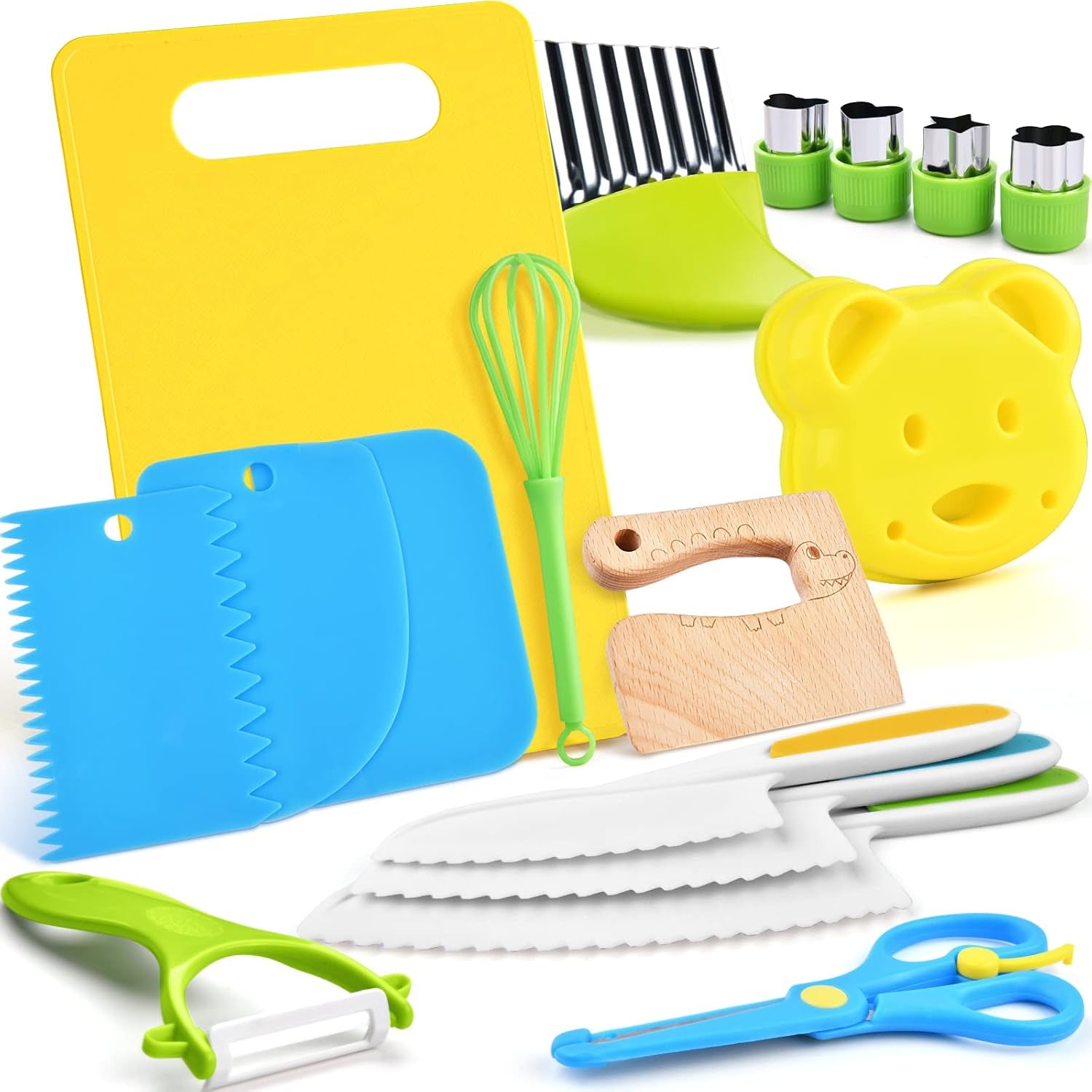 13 Pieces Montessori Kitchen Tools for Toddlers-Kids Cooking Sets Real-Toddler Toys Set for Real Cooking with Plastic Children Safe Knives Crinkle Cutter Kids Cutting Board